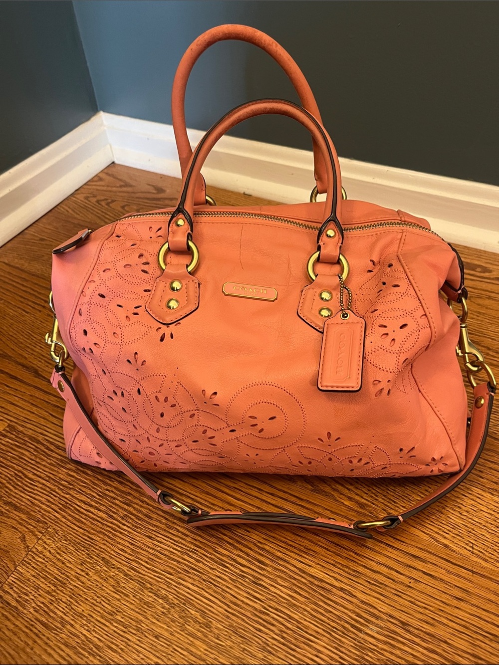 Coach Coral Pink Leather Satchel with Laser-Cut Floral Design F22488